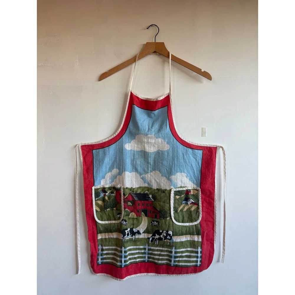 VTG Farm Scene Cotton Country Apron Red Barn Holstein Cow Cottagecore grannycore